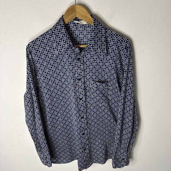 Vintage 70s Disco Shirt Geometric Print Men’s L Polyester Jersey Knit Blue - Picture 1 of 7